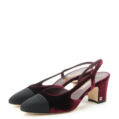 Chanel Velvet Grosgrain Cap Toe CC Slingback Pumps 40.5 Burgundy Black 3 of 9