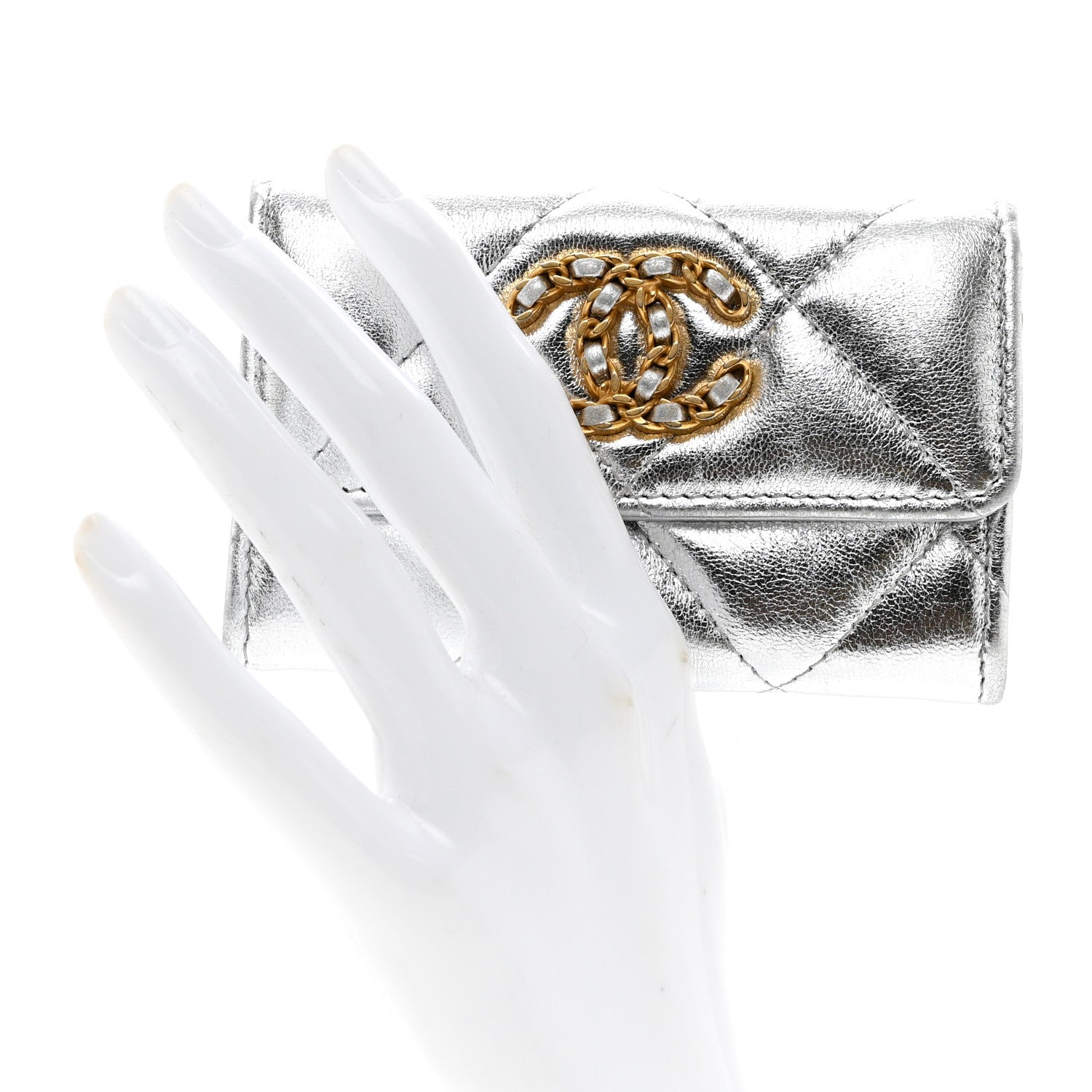 Chanel Metallic Goatskin Quilted Chanel 19 Flap Card Holder Silver 2 of 8
