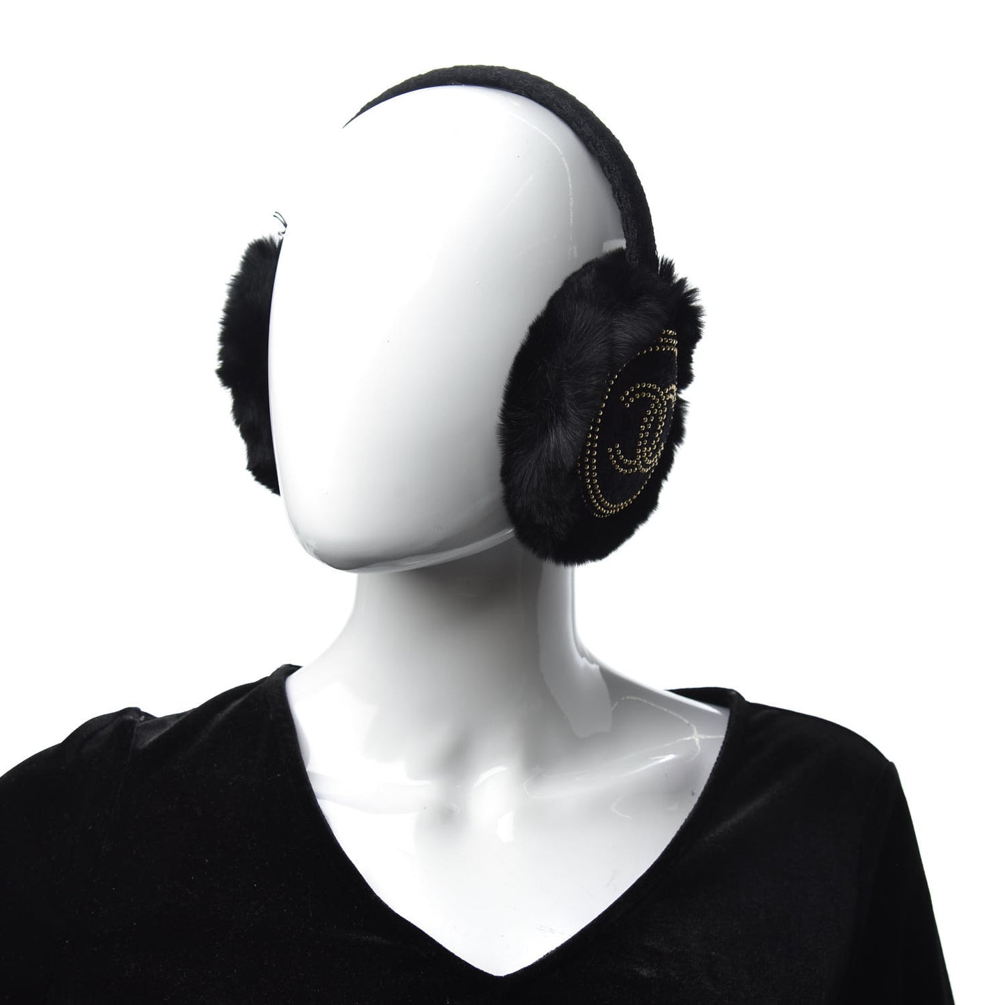 Shearling Tweed Studded CC Ear Muffs Black