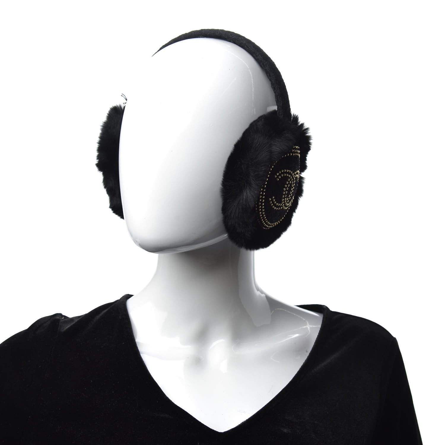 Chanel Shearling Tweed Studded CC Ear Muffs Black 2 of 5