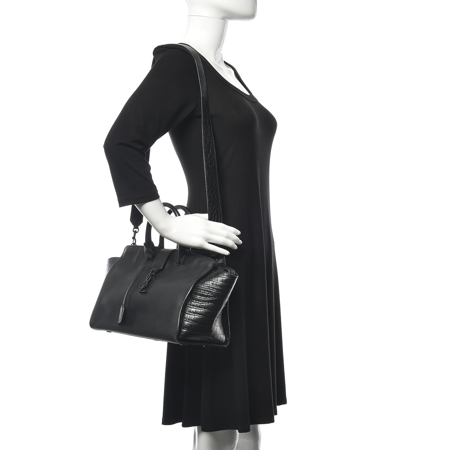 Saint Laurent Smooth Calfskin Crocodile Embossed Small Monogram Downtown Cabas Black 2 of 12