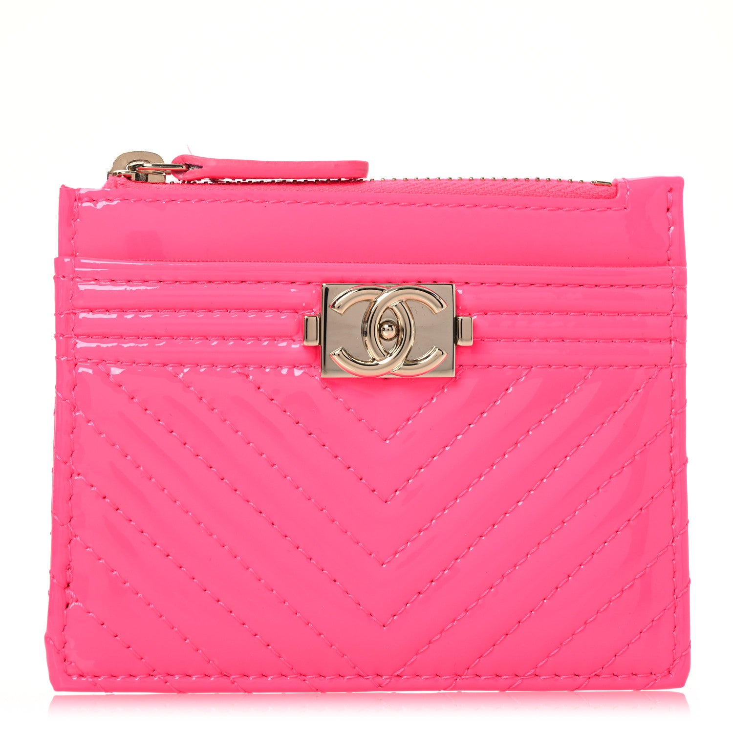 Chanel Patent Chevron Quilted Boy Zip Card Holder Neon Pink 1 of 11