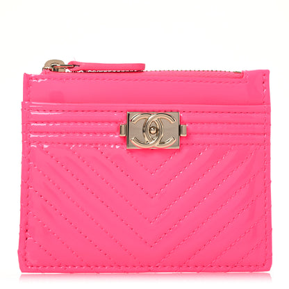 Chanel Patent Chevron Quilted Boy Zip Card Holder Neon Pink 1 of 11