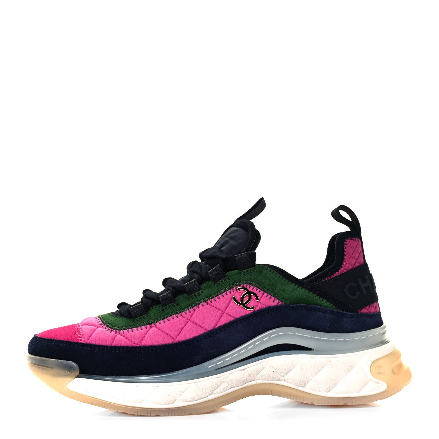Chanel Velvet Calfskin Mixed Fibers CC Sneakers 38 Dark Pink Green 1 of 7