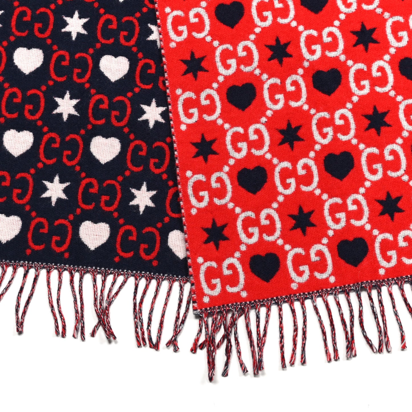 Wool Jacquard GG Monogram Hearts Scarf Red Blue
