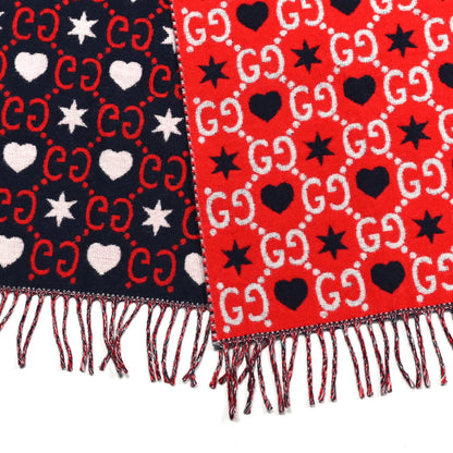 Gucci Wool Jacquard GG Monogram Hearts Scarf Red Blue 3 of 5