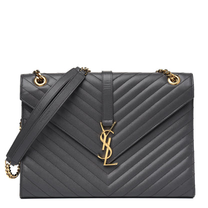 Saint Laurent Grain De Poudre Matelasse Chevron Large Monogram Satchel Earth 1 of 12