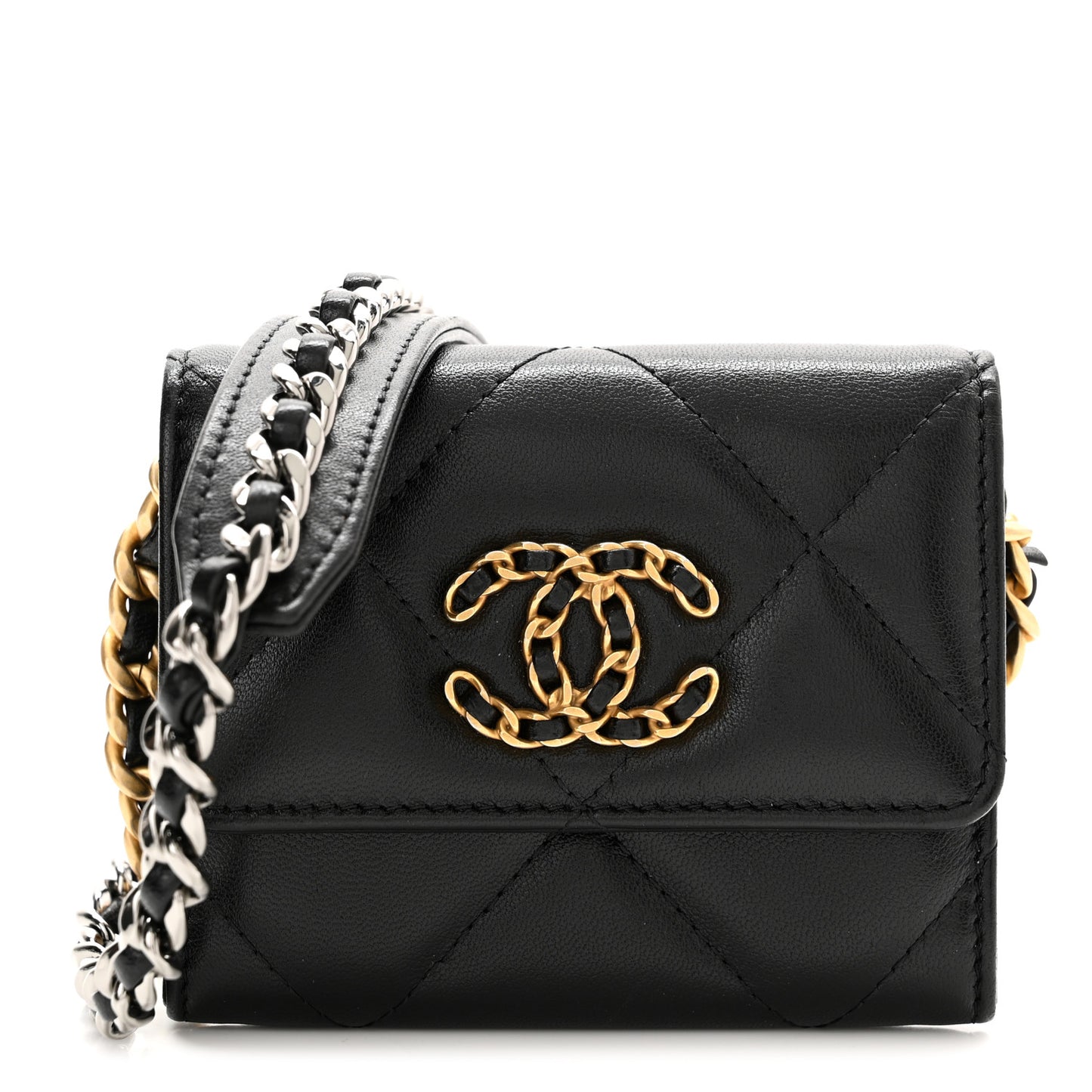 Lambskin Quilted Chanel 19 Flap Coin Purse With Chain Black