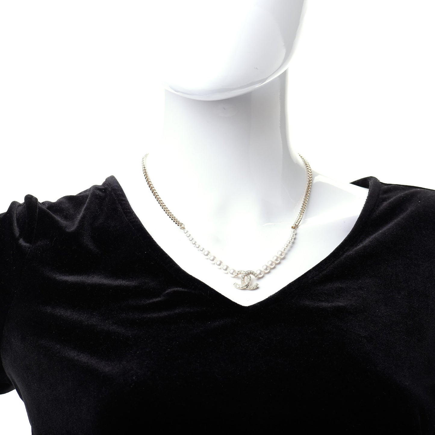 Pearl Crystal Chain CC Necklace Gold