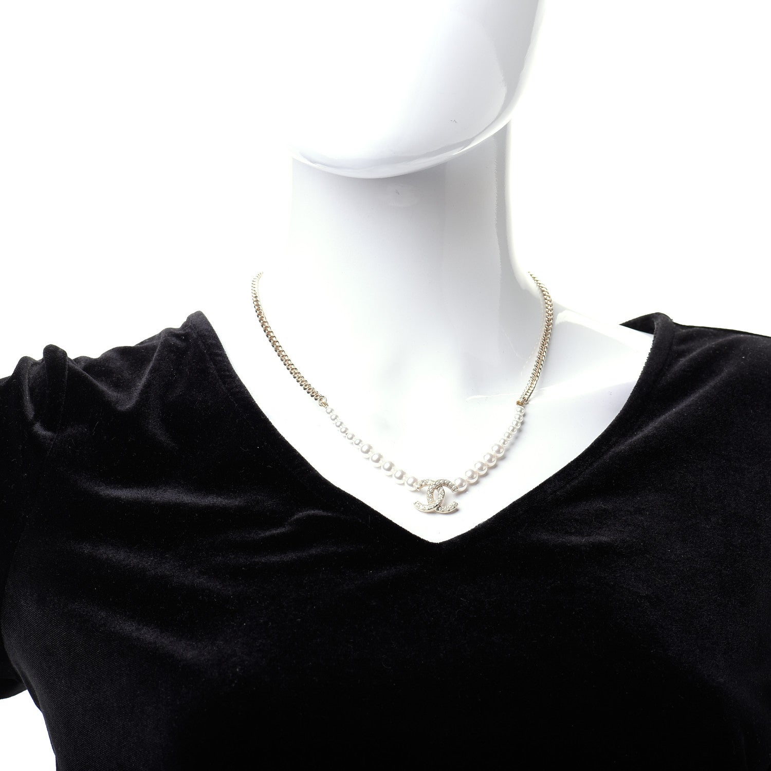 Chanel Pearl Crystal Chain CC Necklace Gold 2 of 6
