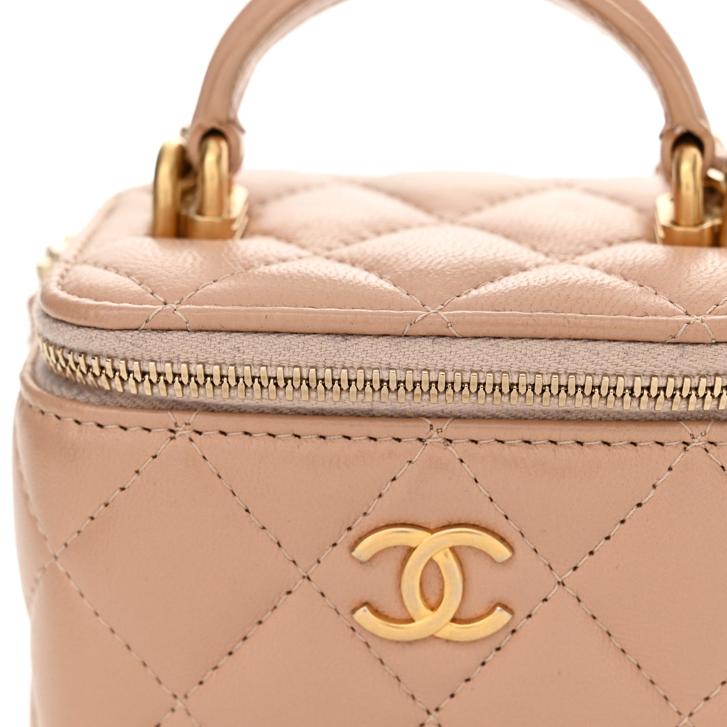 Lambskin Quilted Top Handle Mini Vanity Case With Chain Beige