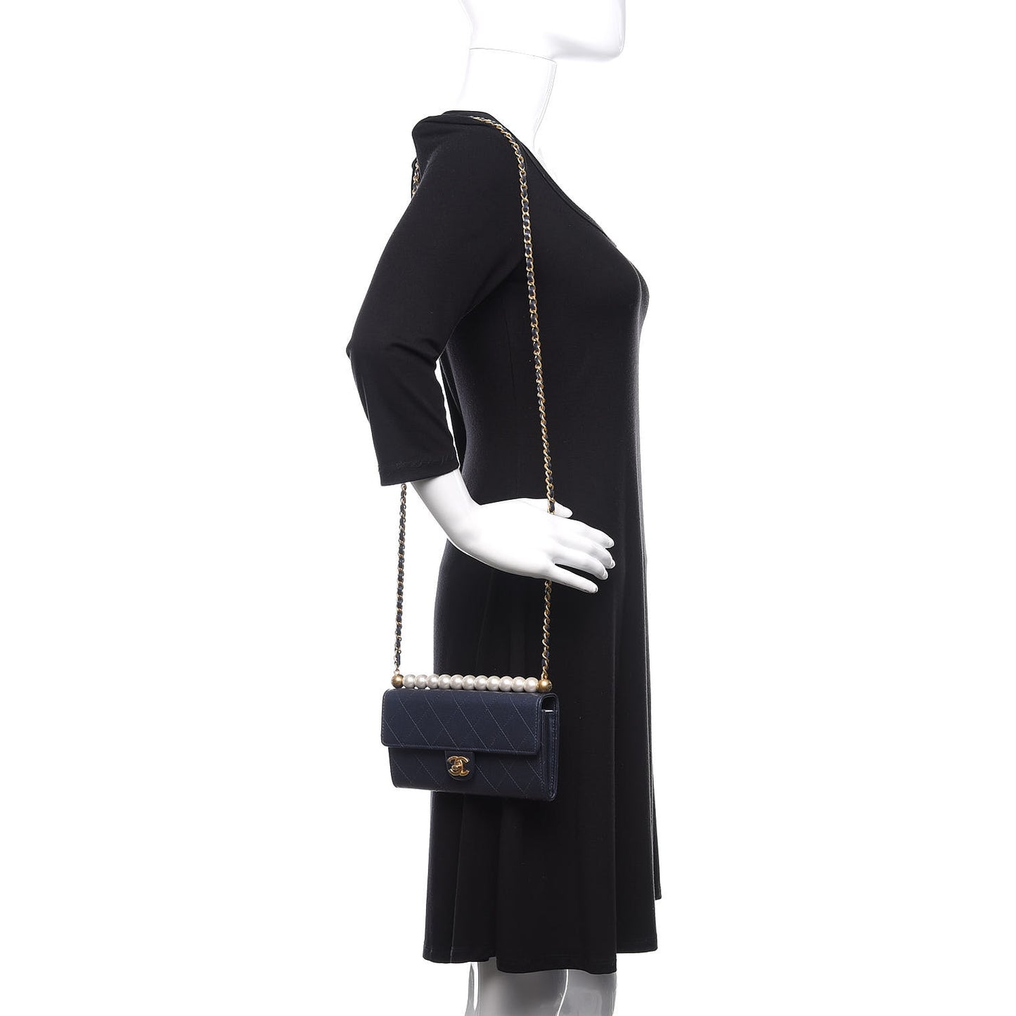 Iridescent Lambskin Quilted Chic Pearls Clutch With Chain Blue