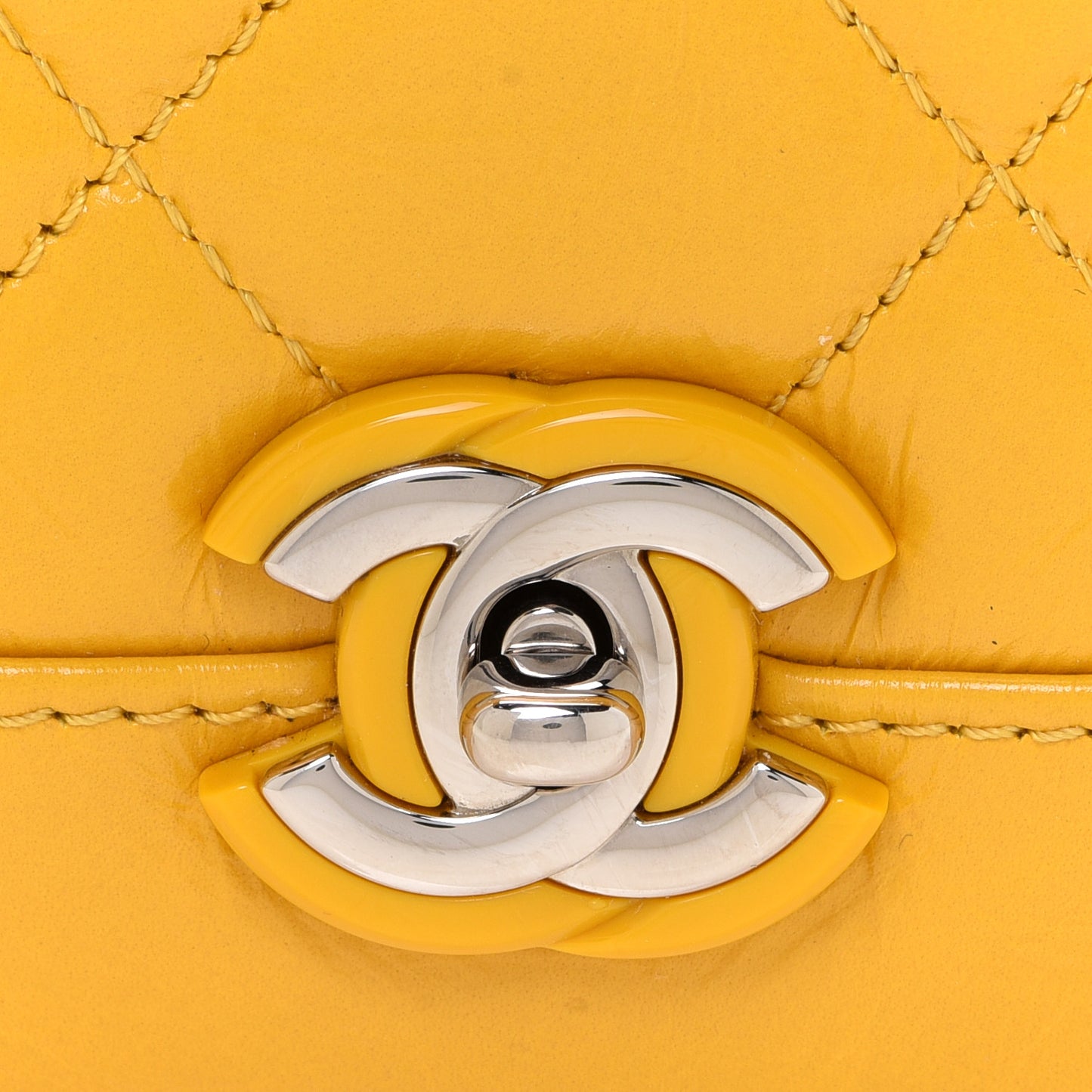 Shiny Aged Calfskin Quilted Flap Yellow