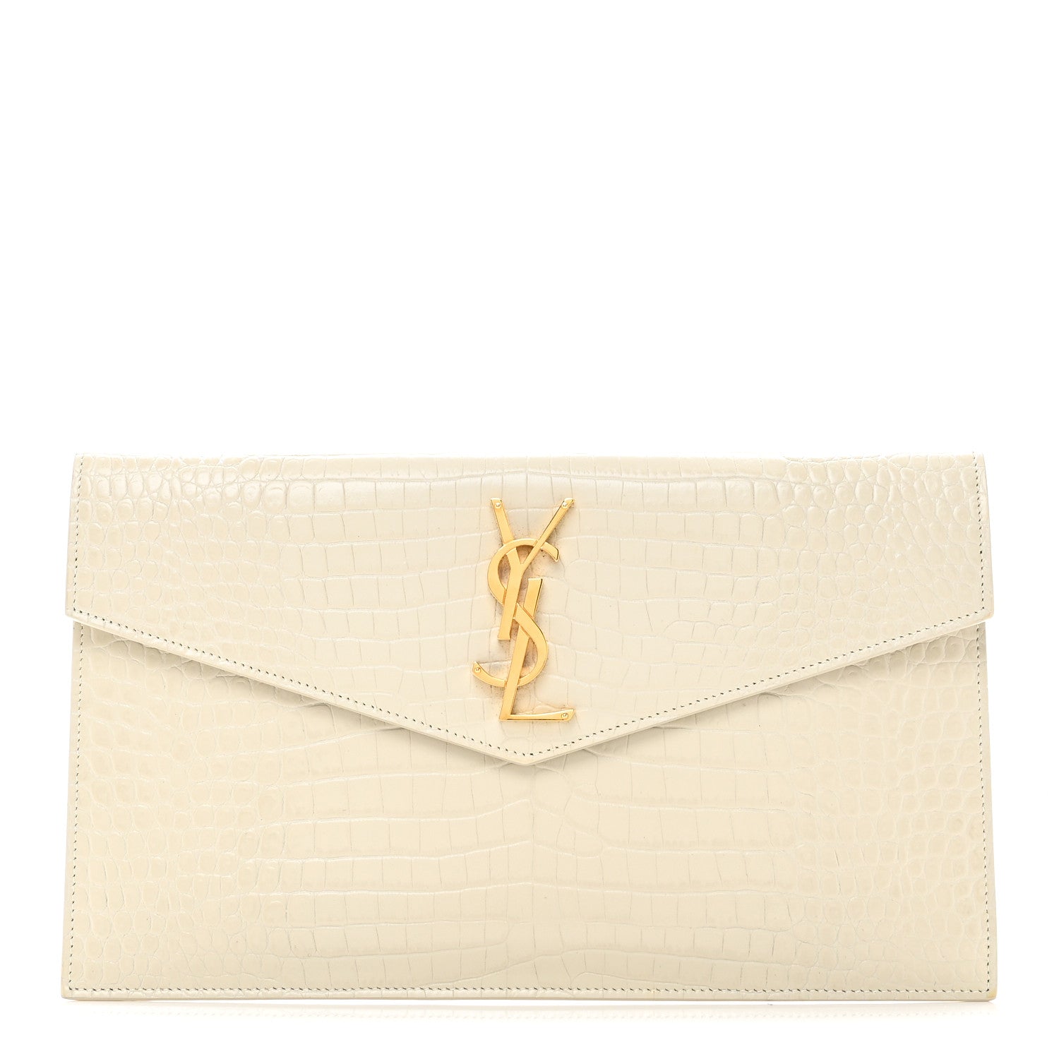 Saint Laurent Calfskin Crocodile Embossed Uptown Monogram Pouch Crema Soft 1 of 10