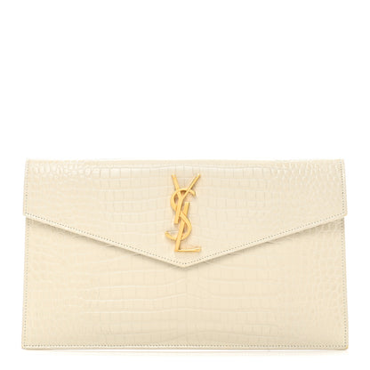 Saint Laurent Calfskin Crocodile Embossed Uptown Monogram Pouch Crema Soft 1 of 10