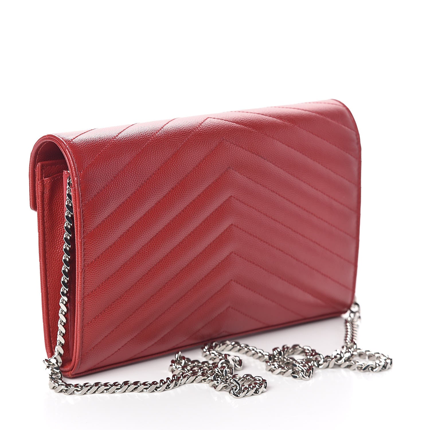 Saint Laurent Grain De Poudre Matelasse Chevron Monogram Chain Wallet New Red 3 of 9
