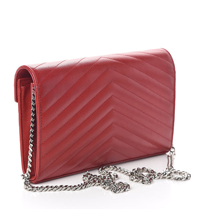 Saint Laurent Grain De Poudre Matelasse Chevron Monogram Chain Wallet New Red 3 of 9