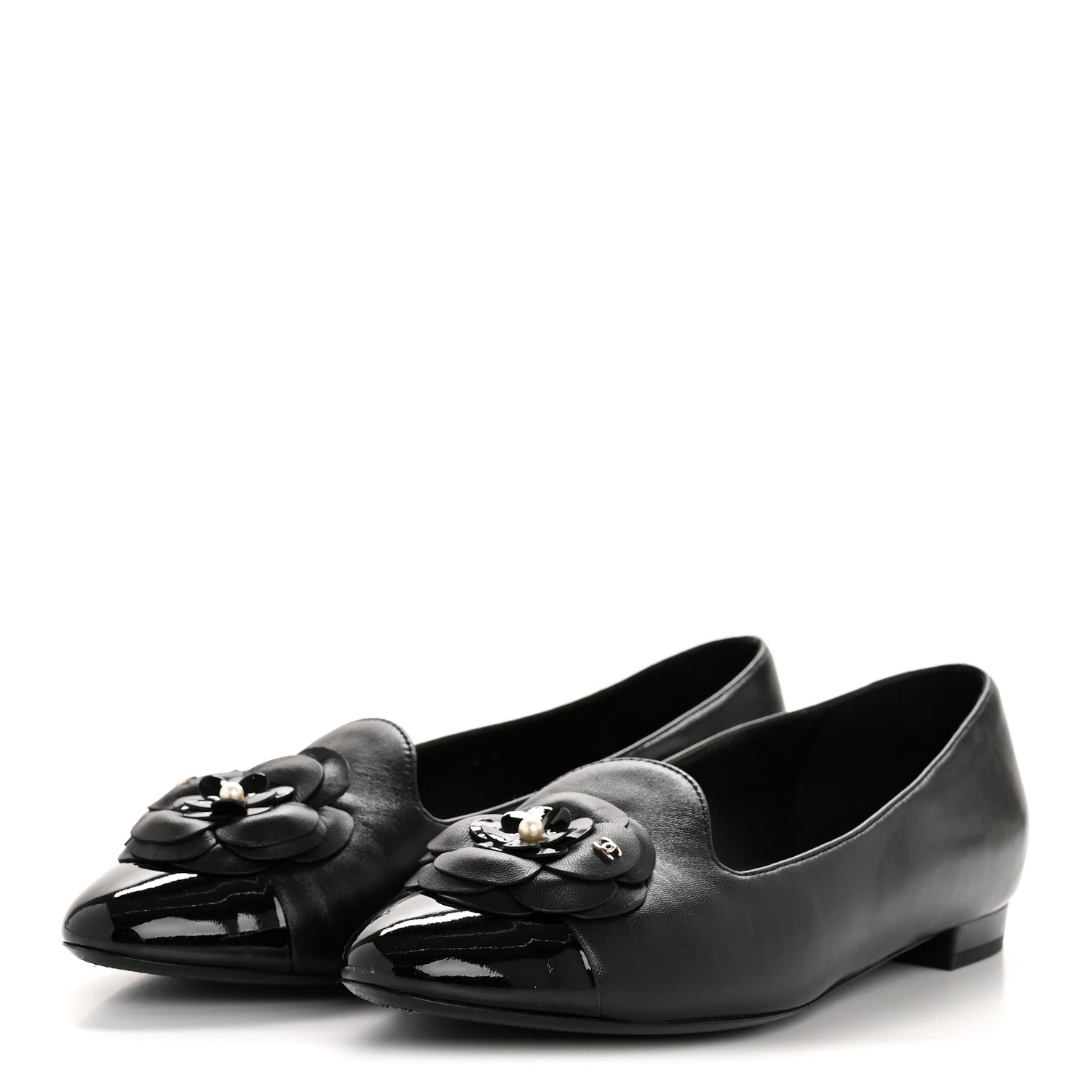 Chanel Lambskin Patent Calfskin Camellia Cap Toe Loafers 38 Black 4 of 10