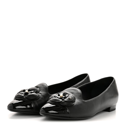 Chanel Lambskin Patent Calfskin Camellia Cap Toe Loafers 38 Black 4 of 10