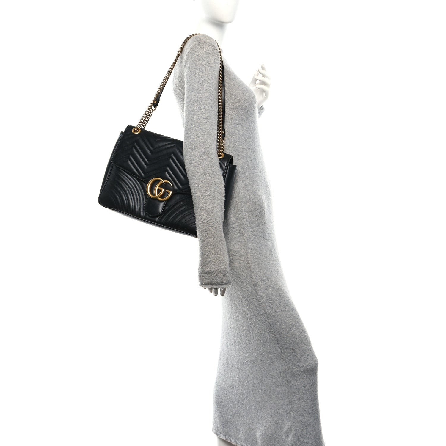 Gucci Calfskin Matelasse Medium GG Marmont Shoulder Bag Black 2 of 12