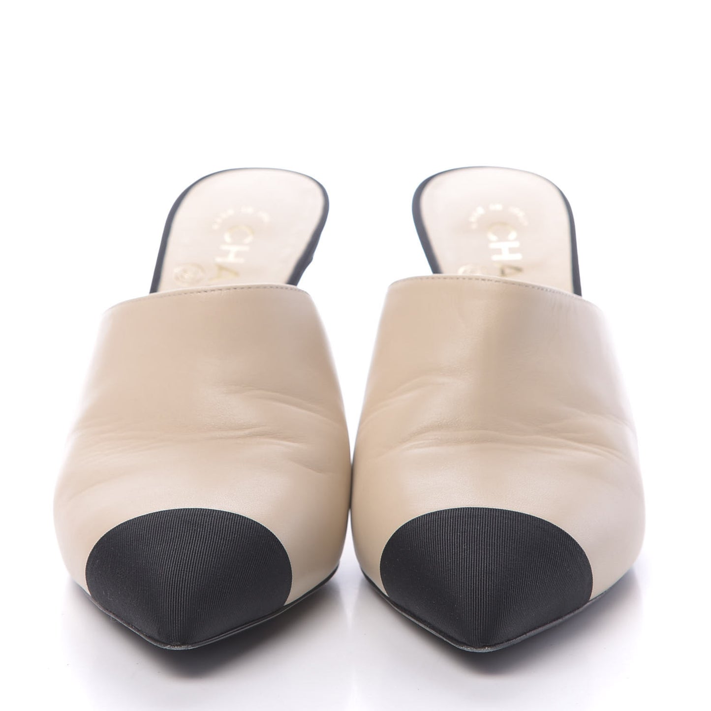 Lambskin Grosgrain Cap Toe Pearl Mule 38.5 Beige Black