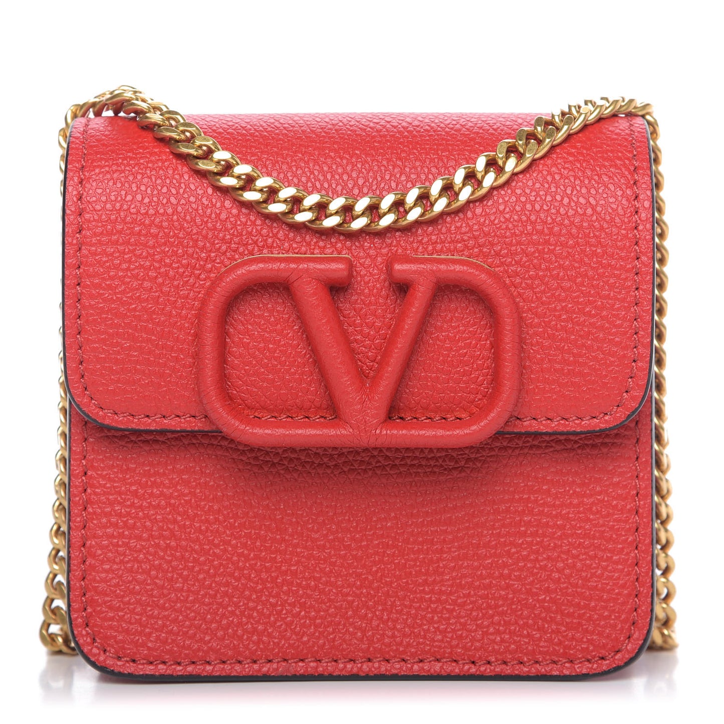 Grainy Calfskin Vlogo Compact Wallet with Chain Rouge Pur