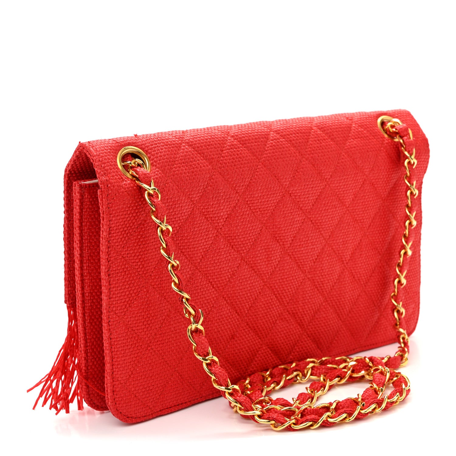 Chanel Woven Raffia Quilted CC Fringe Flap Red 3 of 12