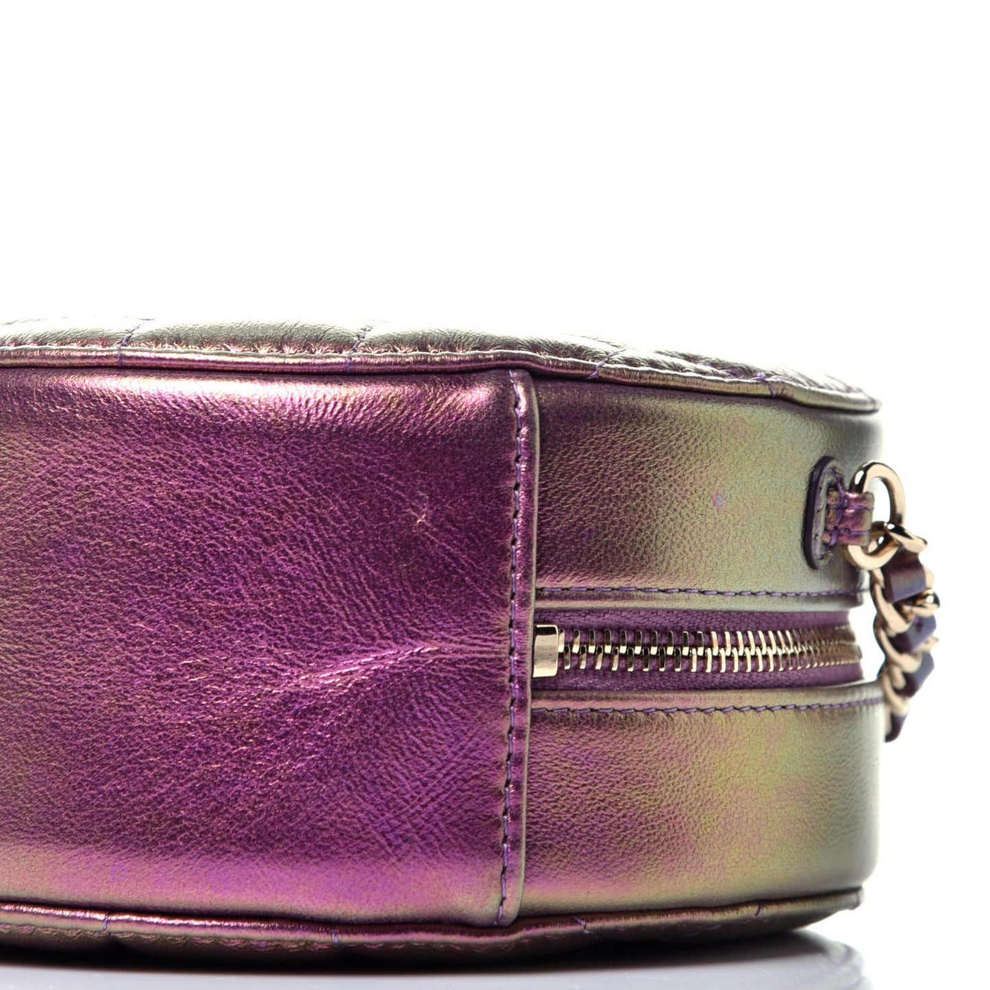 Iridescent Lambskin Quilted Round Clutch With Chain Purple