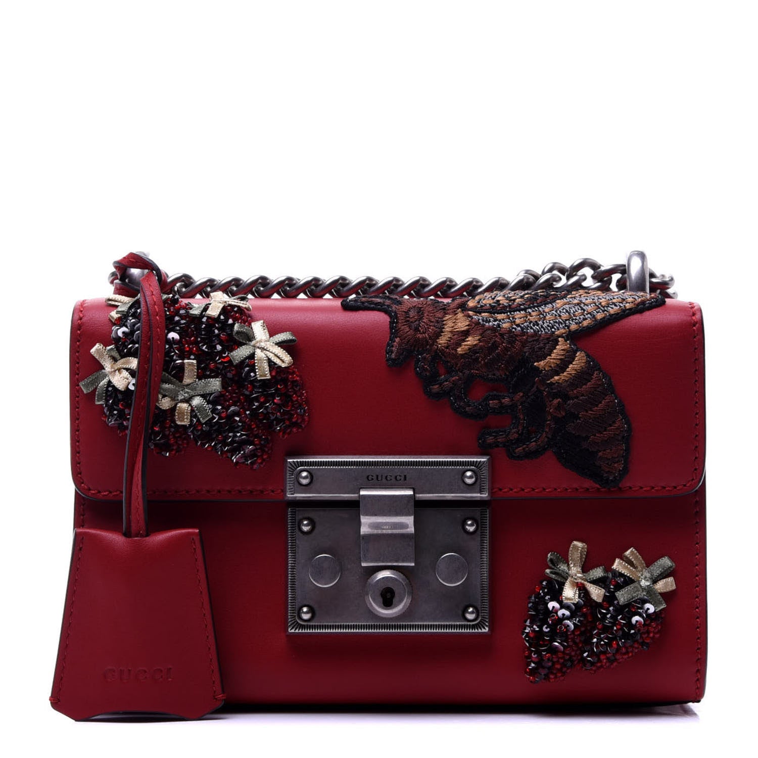 Gucci Calfskin Bee Embroidered Small Padlock Shoulder Bag Hibiscus Red 1 of 15