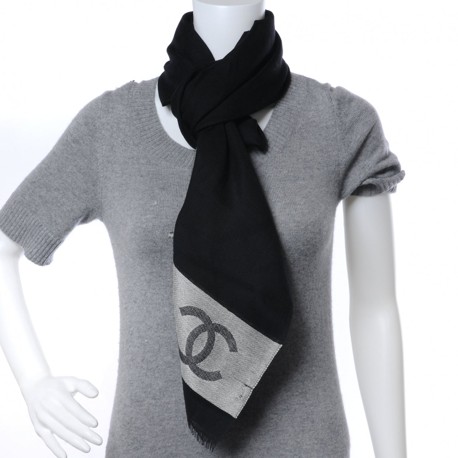 Chanel Wool Cashmere Silk CC Scarf Shawl Black White 2 of 8