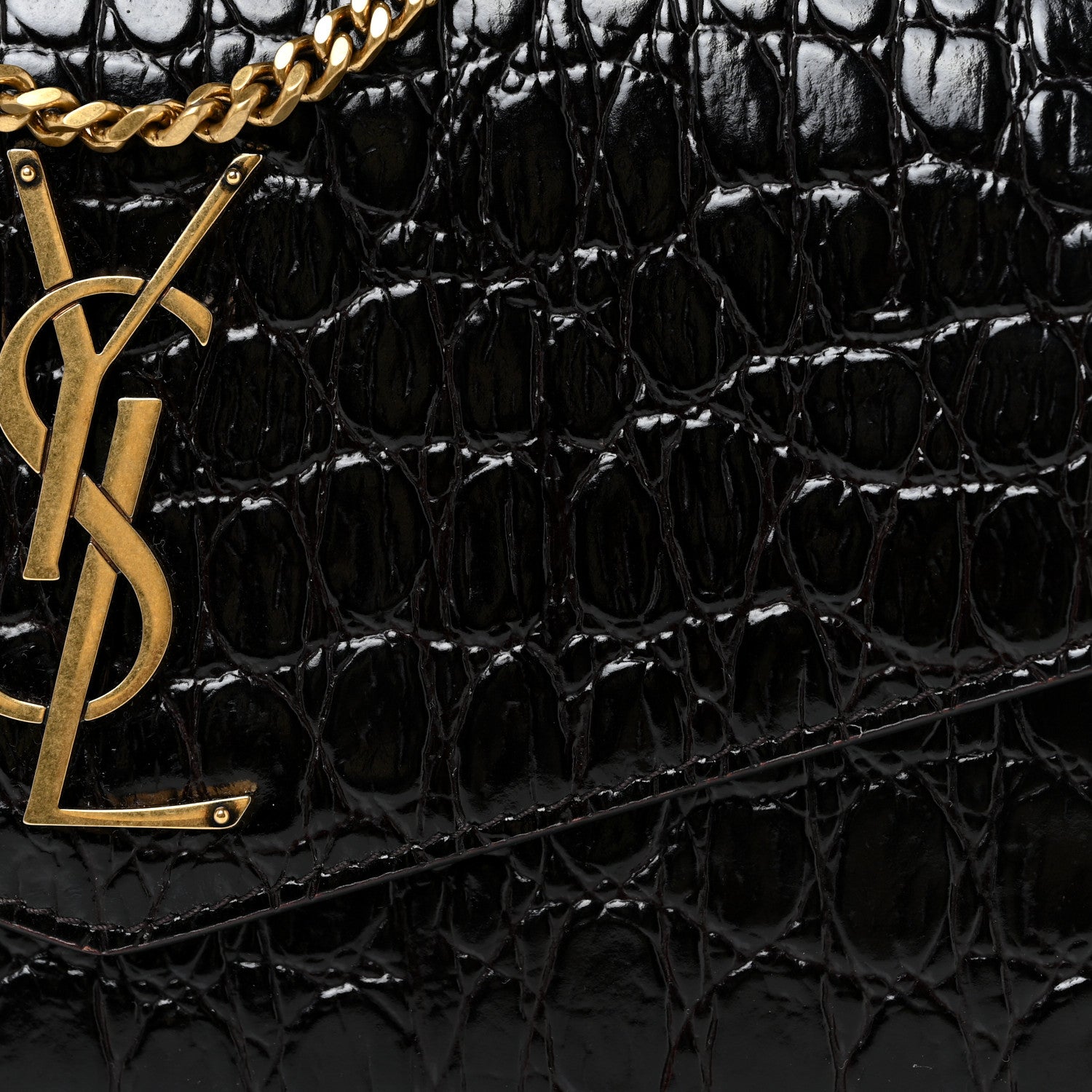 Saint Laurent Calfskin Crocodile Embossed Monogram Uptown Chain Wallet Fondente 9 of 13