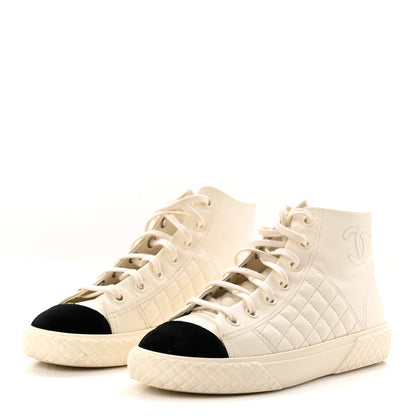 Chanel Calfskin High Top CC Sneakers 38.5 Ivory Black 4 of 9