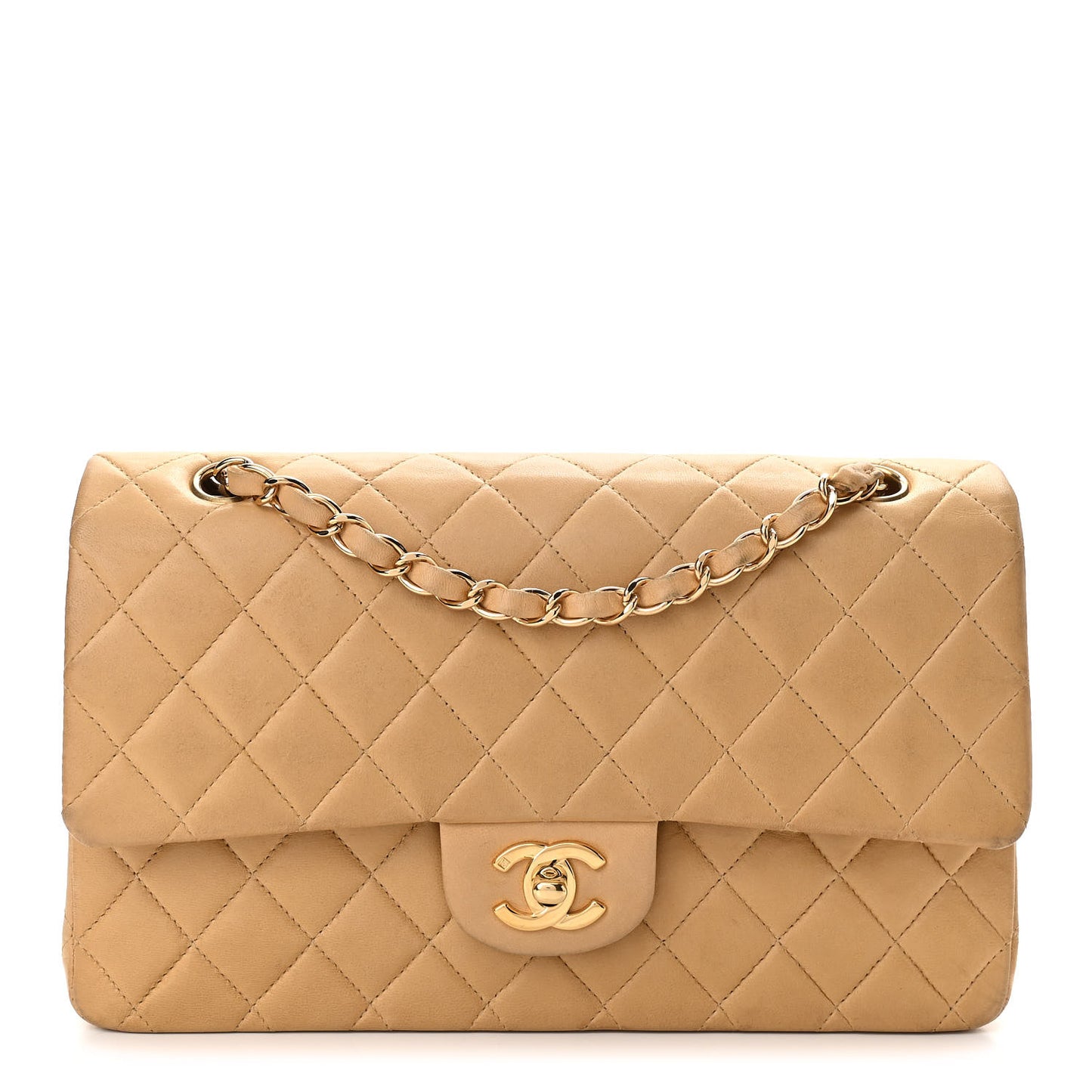 Lambskin Quilted Medium Double Flap Beige