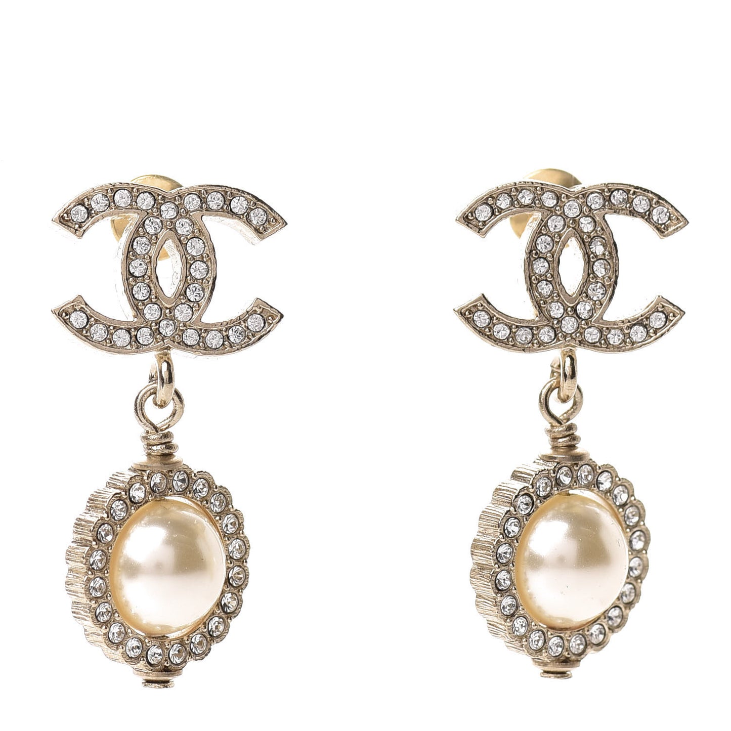 Crystal Pearl CC Drop Earrings Gold