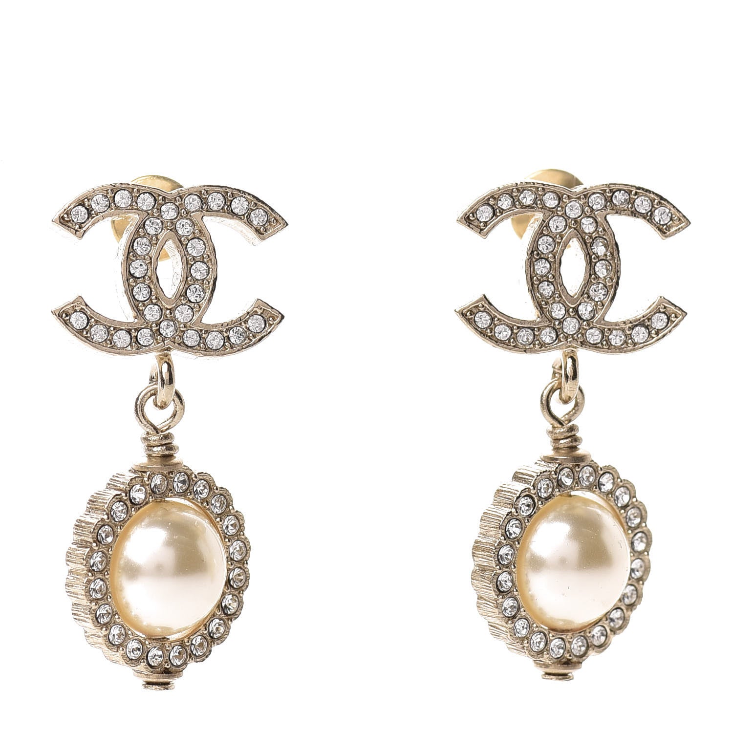 Chanel Crystal Pearl CC Drop Earrings Gold 1 of 5
