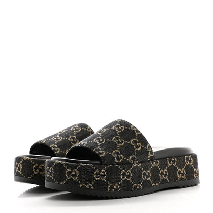 Gucci Jacquard Black Denim GG Monogram Angelina Platform 55mm Slide Sandals 36 Black Ivory 4 of 10