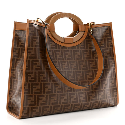 Fendi Glazed Fabric Vitello Century Plexiglass FF 1974 Stamp Patch Medium Runaway Shopper Tote Mogano Panna Nocciola 5 of 17