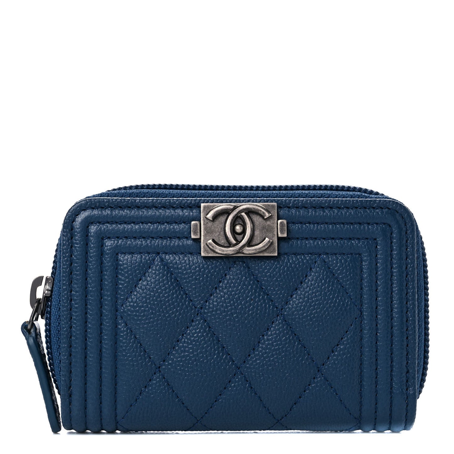 Caviar Quilted Boy Zip Around Coin Purse Wallet Dark Blue