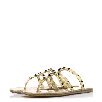 Valentino Garavani PVC Jelly Glitter Rockstud Caged Flat Thong Sandals 36 Oro 2 of 12