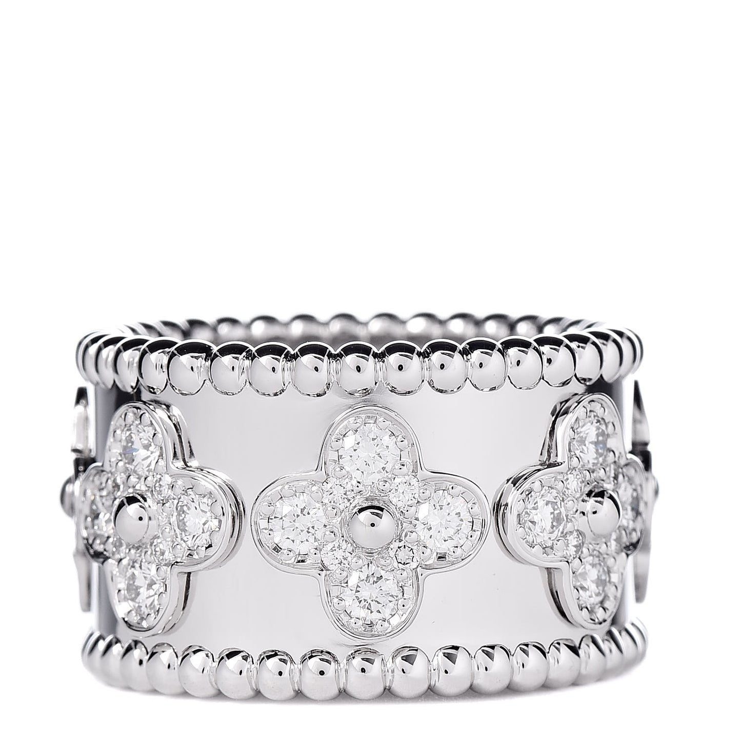 18K White Gold Diamond Perlee Clover Band Ring 53 6.5