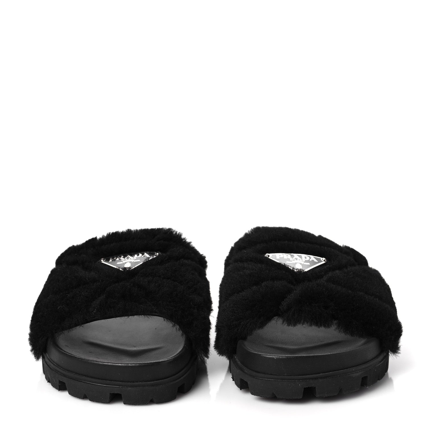 Prada Shearling Metal Triangle Logo Lug Sole 20mm Slide Sandals 36 Black 1 of 7