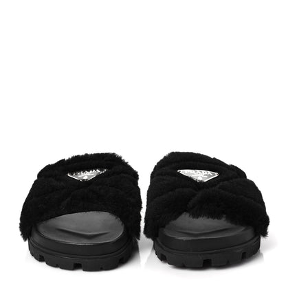 Prada Shearling Metal Triangle Logo Lug Sole 20mm Slide Sandals 36 Black 1 of 7