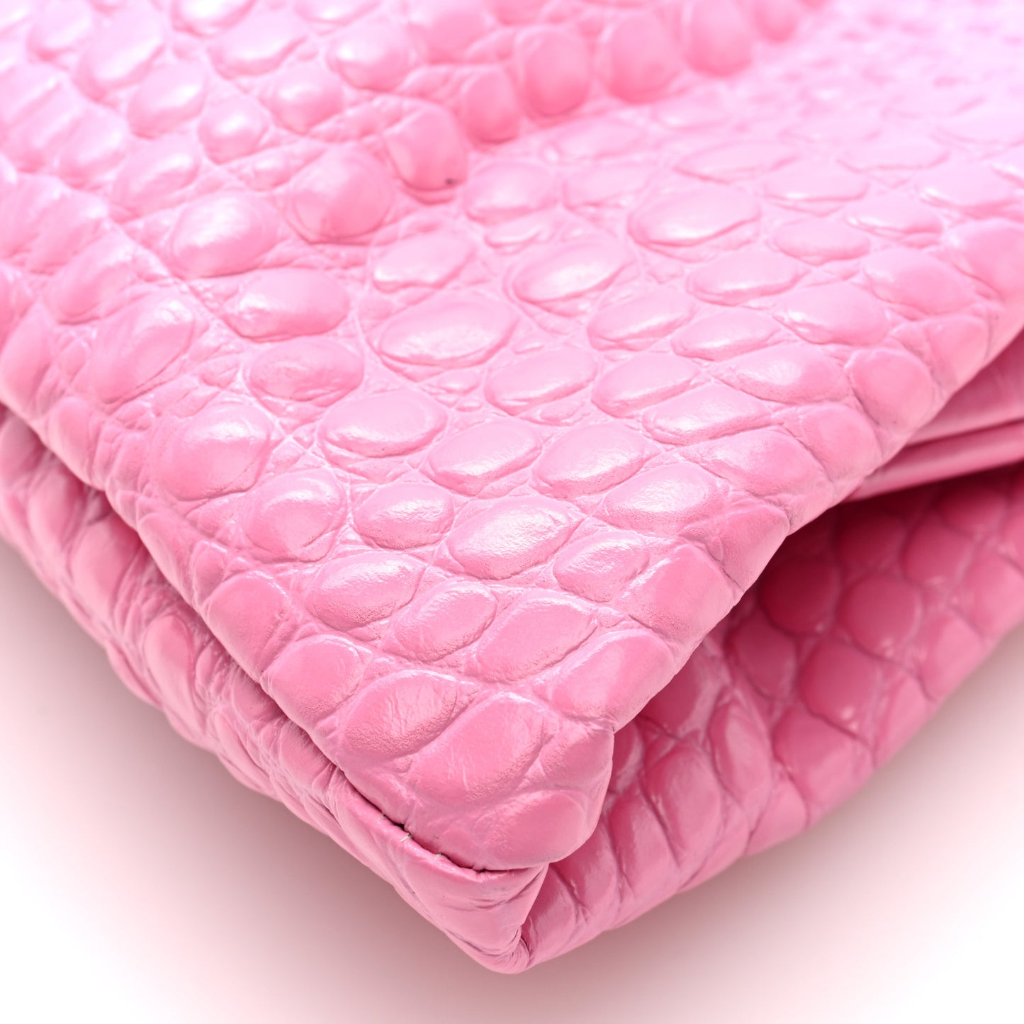 Shiny Supple Calfskin Logo Crocodile Embossed XL Cloud Clutch Pink