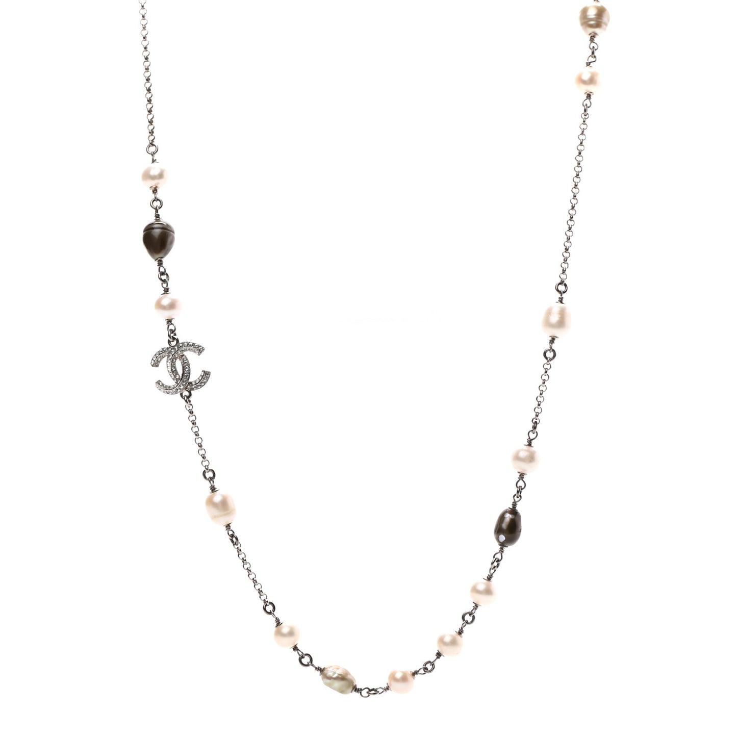 Pearl CC Crystal Bow Long Necklace Silver