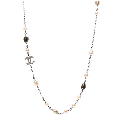 Chanel Pearl CC Crystal Bow Long Necklace Silver 1 of 5