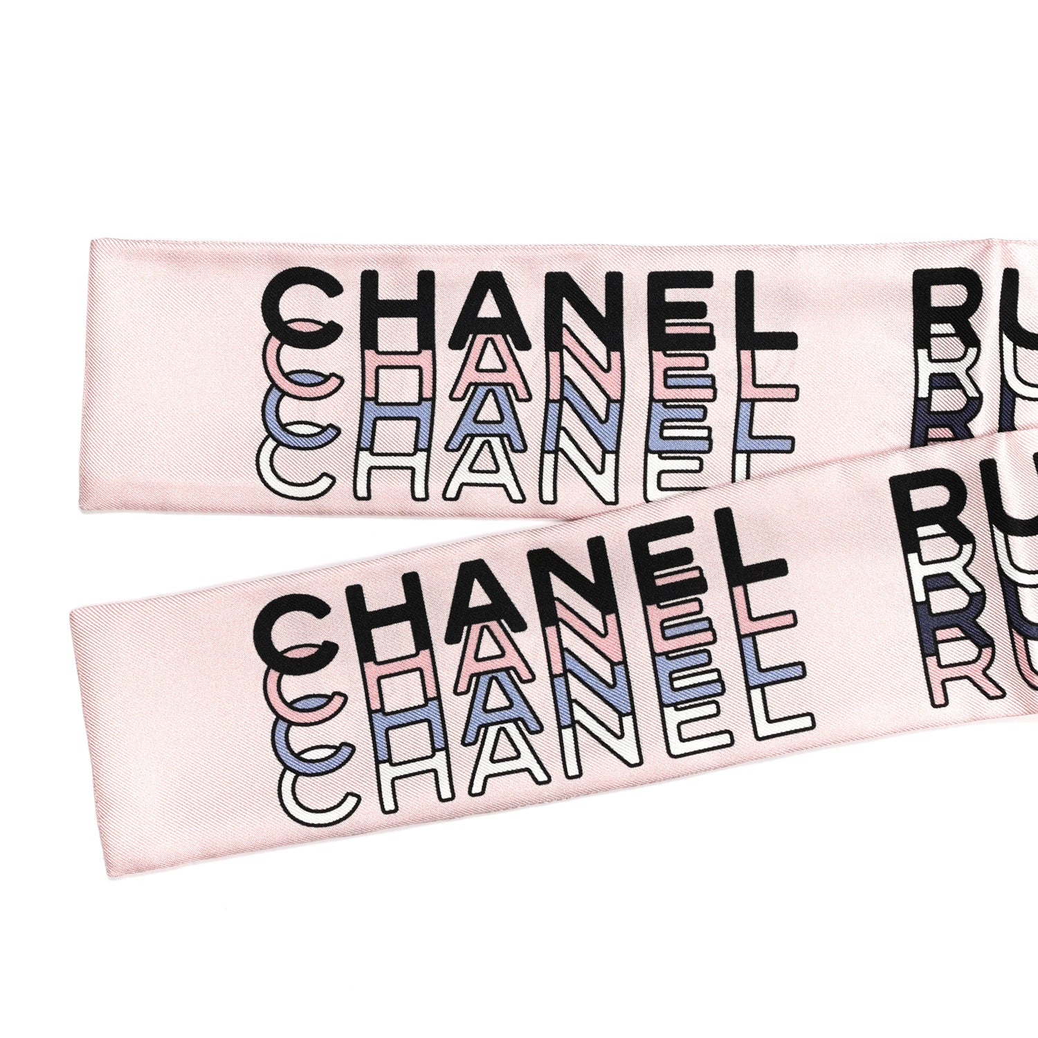 Chanel Silk Logo CC Slim Bandeau Scarf Ecru Pink Black 2 of 3