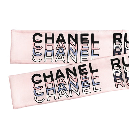 Chanel Silk Logo CC Slim Bandeau Scarf Ecru Pink Black 2 of 3