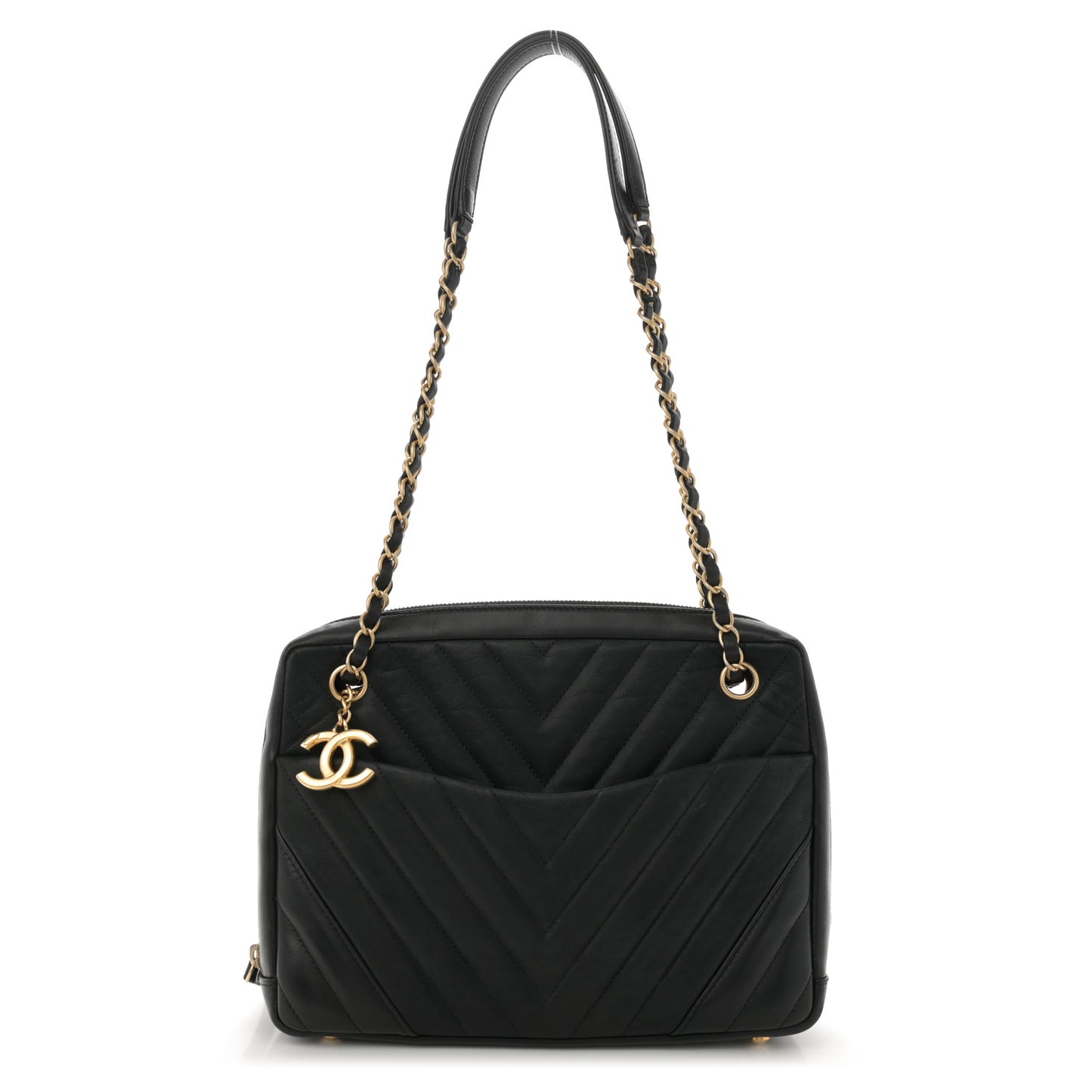 Iridescent Calfskin Lambskin Chevron Quilted Camera Case Black