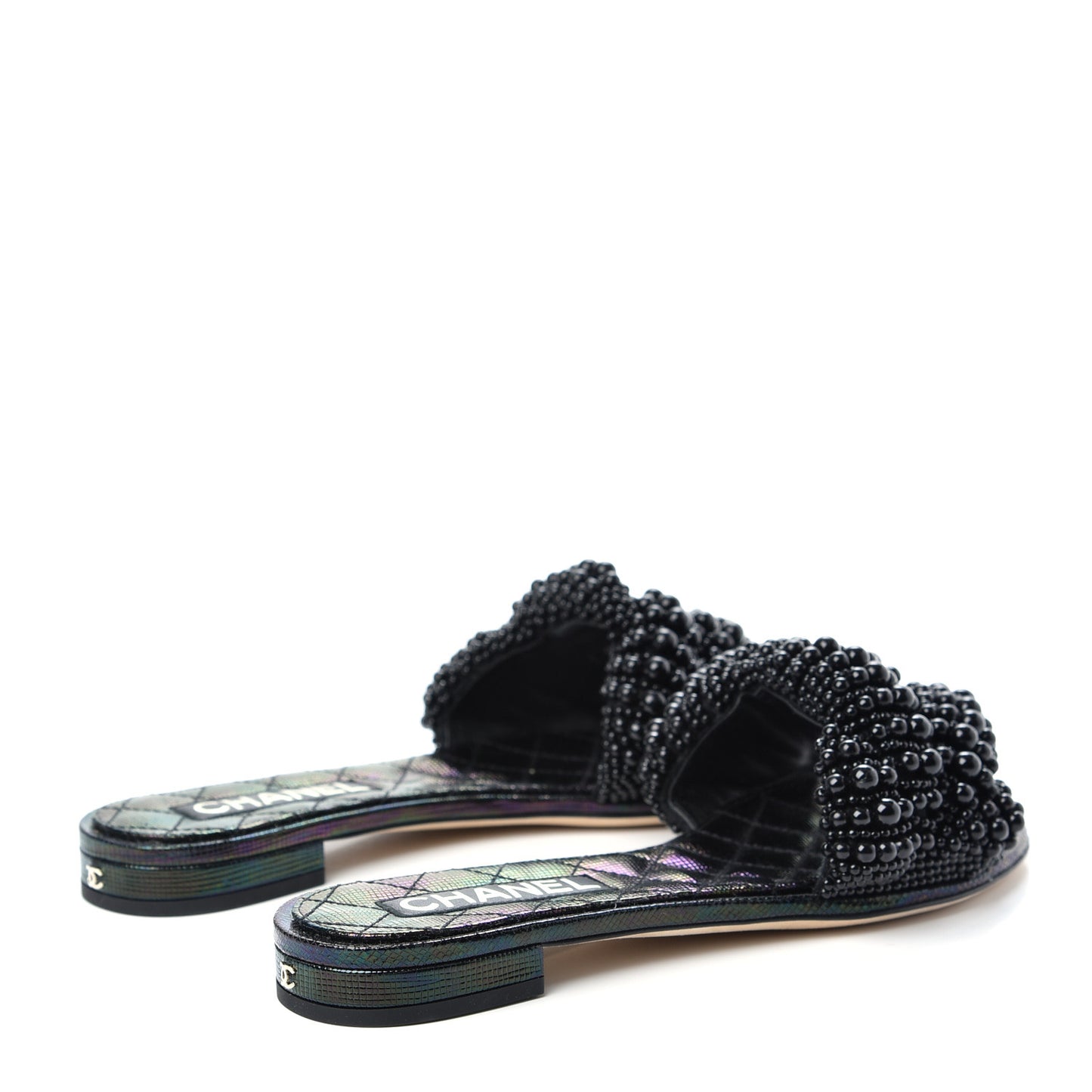 Fantasy Calfskin Pearl Cord CC Mules 38 Black
