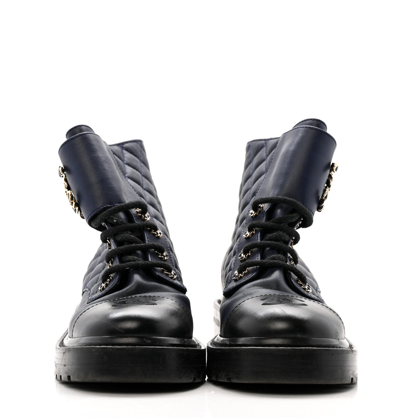 Shiny Lambskin Quilted Lace Up Combat Boots 36.5 Navy Black
